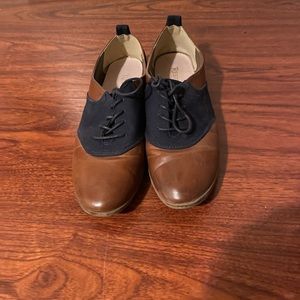 Restricted lace up loafer. Brown leather with blue canvas upper. Size 8.5
